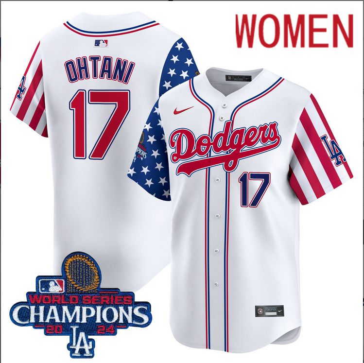 Women MLB Los Angeles Dodgers 17 Ohtani American Style white 2024 World Series Champions Limited Jersey